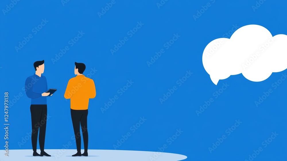 Two Men Discussing Mobile AI Assistants in a Bright Blue Background Setting Two Men Discussing Mobile AI Assistants in a Bright Blue Background Setting