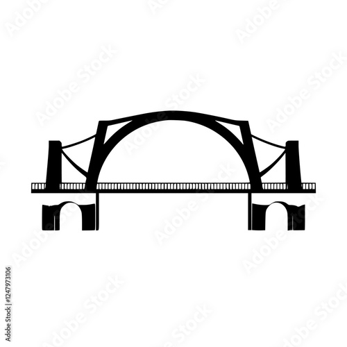 Black silhouette of a bridge spanning an architectural arch, isolated on white.