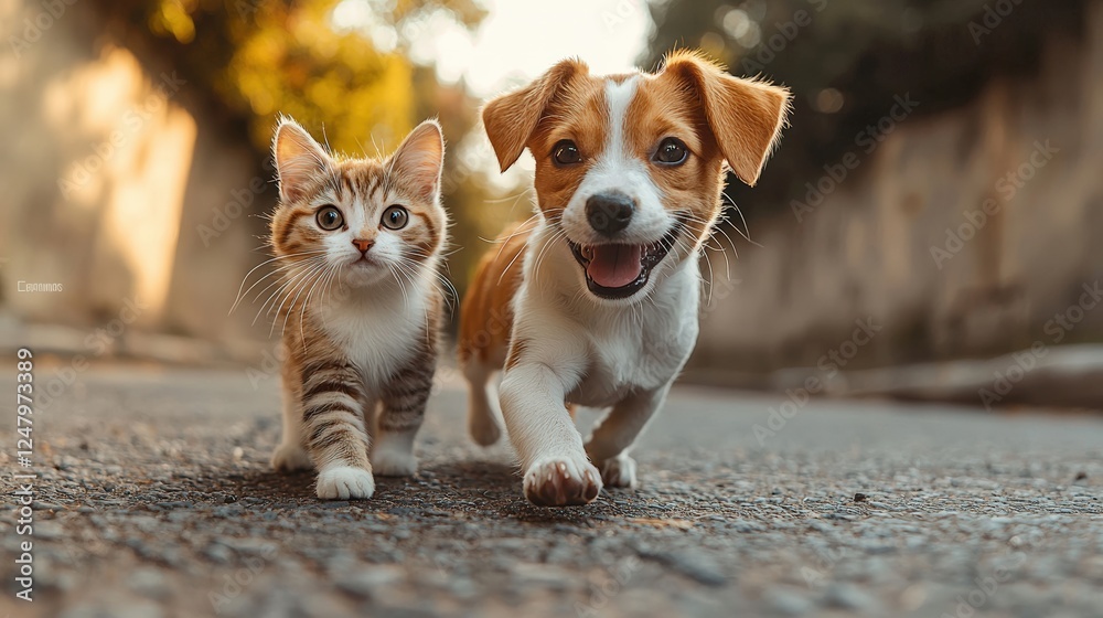Cute jack russell puppy and cat walking on the street joyful scene Cute jack russell puppy and cat walking on the street joyful scene