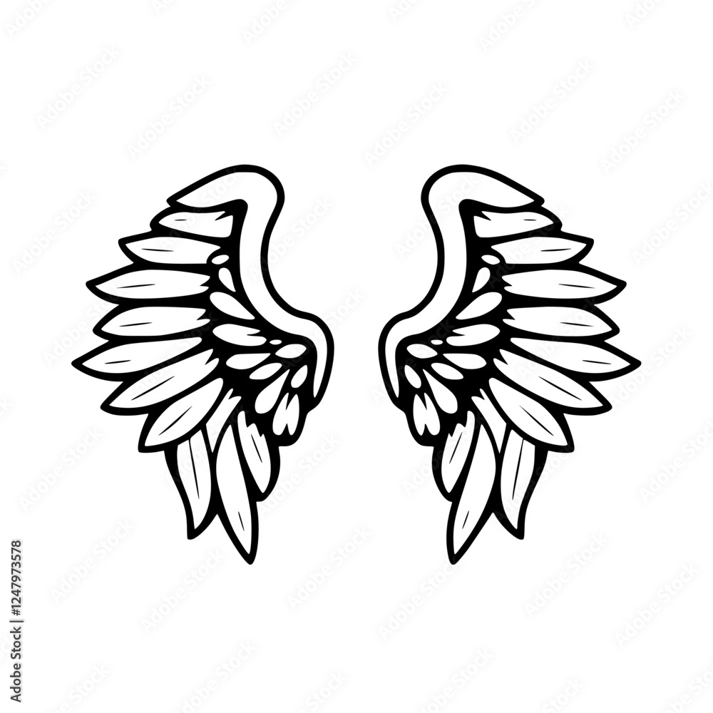 Black-and-White Illustration of Symmetric Wings, Abstract Minimalist, and Winged Aesthetics on White Background. Black-and-White Illustration of Symmetric Wings, Abstract Minimalist, and Winged Aesthetics on White Background.