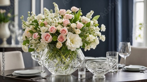 Fresh, fragrant flowers arranged elegantly in a crystal-clear glass vase on a tastefully set dining table.