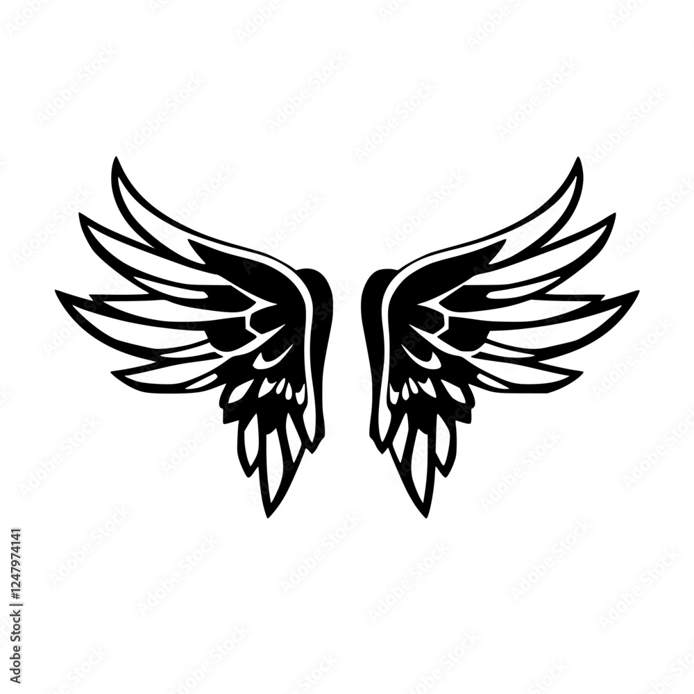 Obraz premium Vector illustration of stylized black angel wings, symmetrical and isolated on white background.