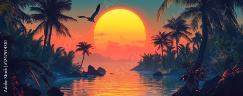 Tropical sunset over calm river, palm trees, birds