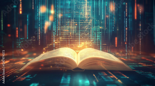 Wallpaper Mural A digital illustration of an open book on a desk with glowing futuristic background, An open book in a mystical library glowing digital elements, and Vibrant digital matrix raining over an open book. Torontodigital.ca