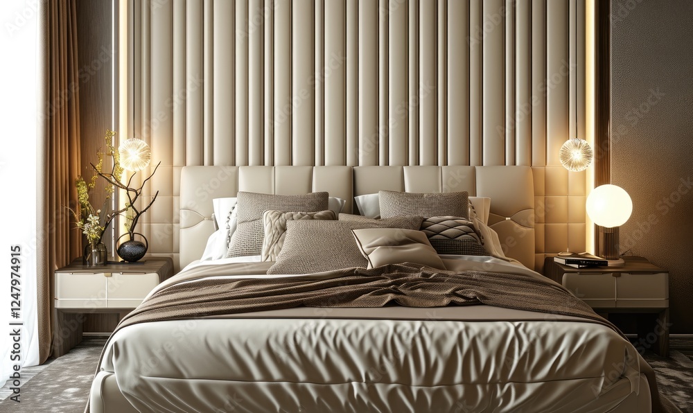 Luxurious modern bedroom features a beige bed with a headboard, stylish pillows, and a sophisticated lighting lamp on beige apartment interior