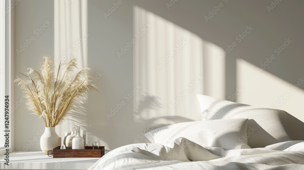 Sunlit bedroom interior with white bedding, pampas grass in a vase, and sunlight streaming through a window.