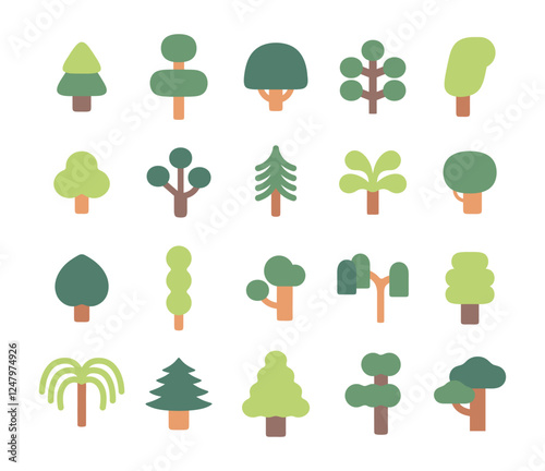 A modern flat illustration of various tree icons, perfect for nature, environment, and eco-friendly themes.