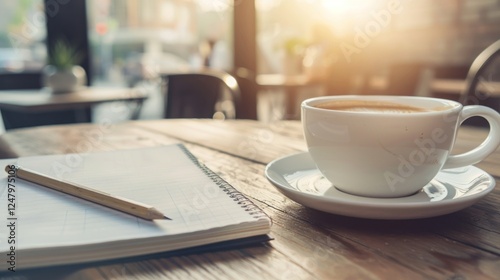 A white cup of coffee drink on notebook on wooden table with morning sunlight. Generated AI