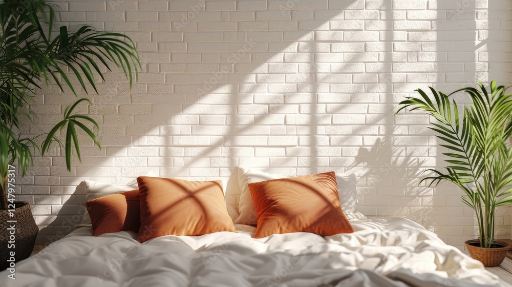 Cozy Bright Bedroom With Orange Pillows And Houseplants on White Brick Wall