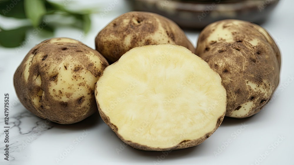 A single, light yellow potato with an irregular, A single, light yellow potato with an irregular,