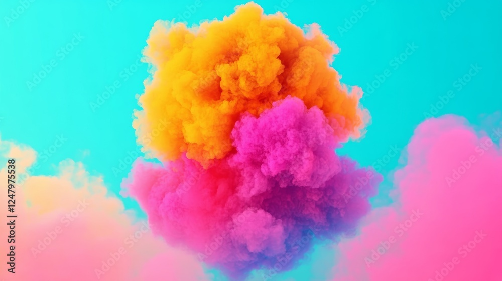 Fototapeta premium Colorful smoke explosion with vibrant yellow and pink hues against a bright cyan background creating a mesmerizing visual effect
