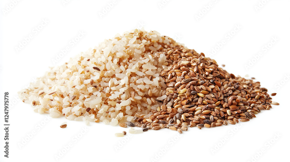 Rice sushi, brown and wild grain piles top view isolated on white background. Vegetarian organic raw food, different cereals types for sushi and healthy eating, realistic 3d vector icon, clip art Rice sushi, brown and wild grain piles top view isolated on white background. Vegetarian organic raw food, different cereals types for sushi and healthy eating, realistic 3d vector icon, clip art
