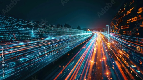 Futuristic fast speed transfer digital technology data flow on city highway concept. Generated AI