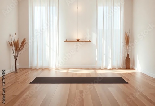 an image of a yoga mat in a room with a window, there is a yoga mat in the middle of a room with a window photo