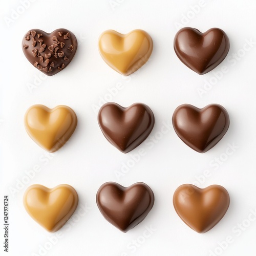 A selection of caramel-filled chocolates shaped like tiny hearts, on isolated white background