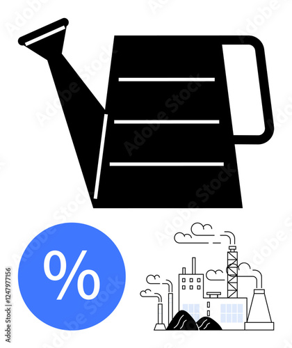 Watering can representing resource management, factory symbolizing industrial growth and infrastructure, and percentage icon in blue circle. Ideal for economics, environment, agriculture