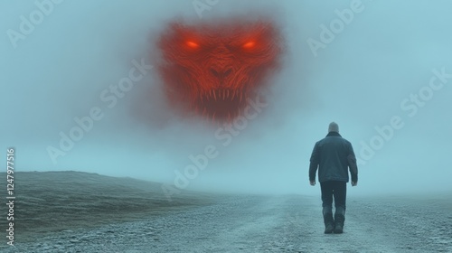 A lone figure walks on a foggy path unaware of the giant demonic entity that looms in the sky above; a scene of impending doom and horror photo