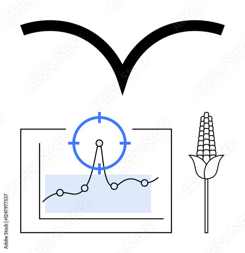 Graph with data points under a magnifying target, wheat stalk highlighting focus on agriculture, bold abstract curve. Ideal for farming, research, analytics, innovation, precision, growth abstract