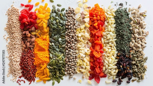 Flat lay arrangement of various vibrant and colorful healthy spices herbs nuts seeds and other natural food ingredients and condiments on a plain background