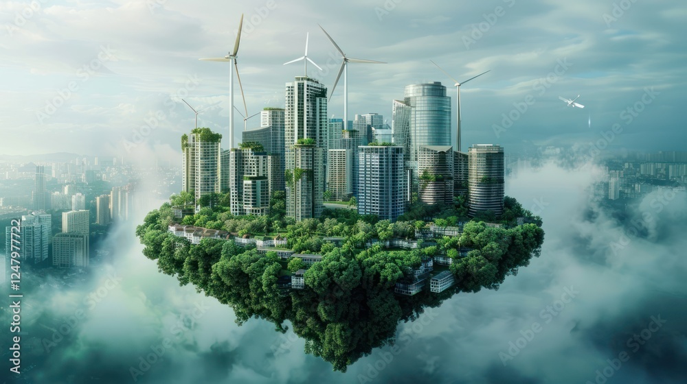 Fototapeta premium Future concept of green global earth environmental technology with windmill and city buildings