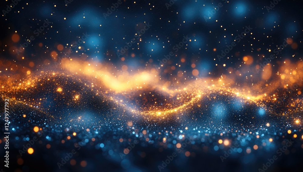 Abstract background with glowing particles, swirling textures in warm golden and cool blue tones, dark background, bokeh effect Abstract background with glowing particles, swirling textures in warm golden and cool blue tones, dark background, bokeh effect