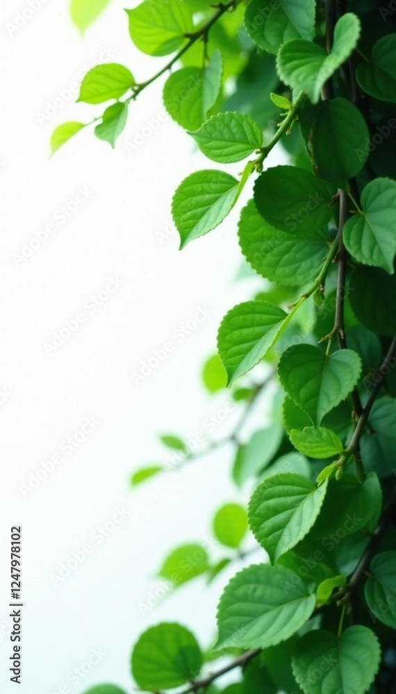 Lush green foliage cascading in a corner, white backdrop, space, corner Lush green foliage cascading in a corner, white backdrop, space, corner