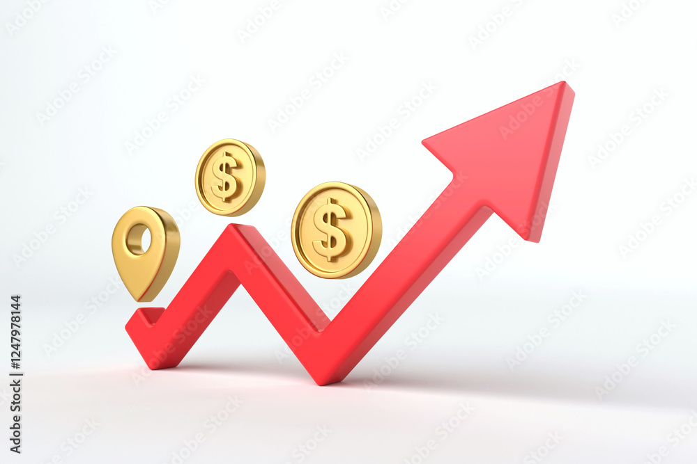 Minimal icon featuring red upward arrow, gold dollar coins, and location pin, symbolizing financial growth, investment success, or business expansion, 3d rendering