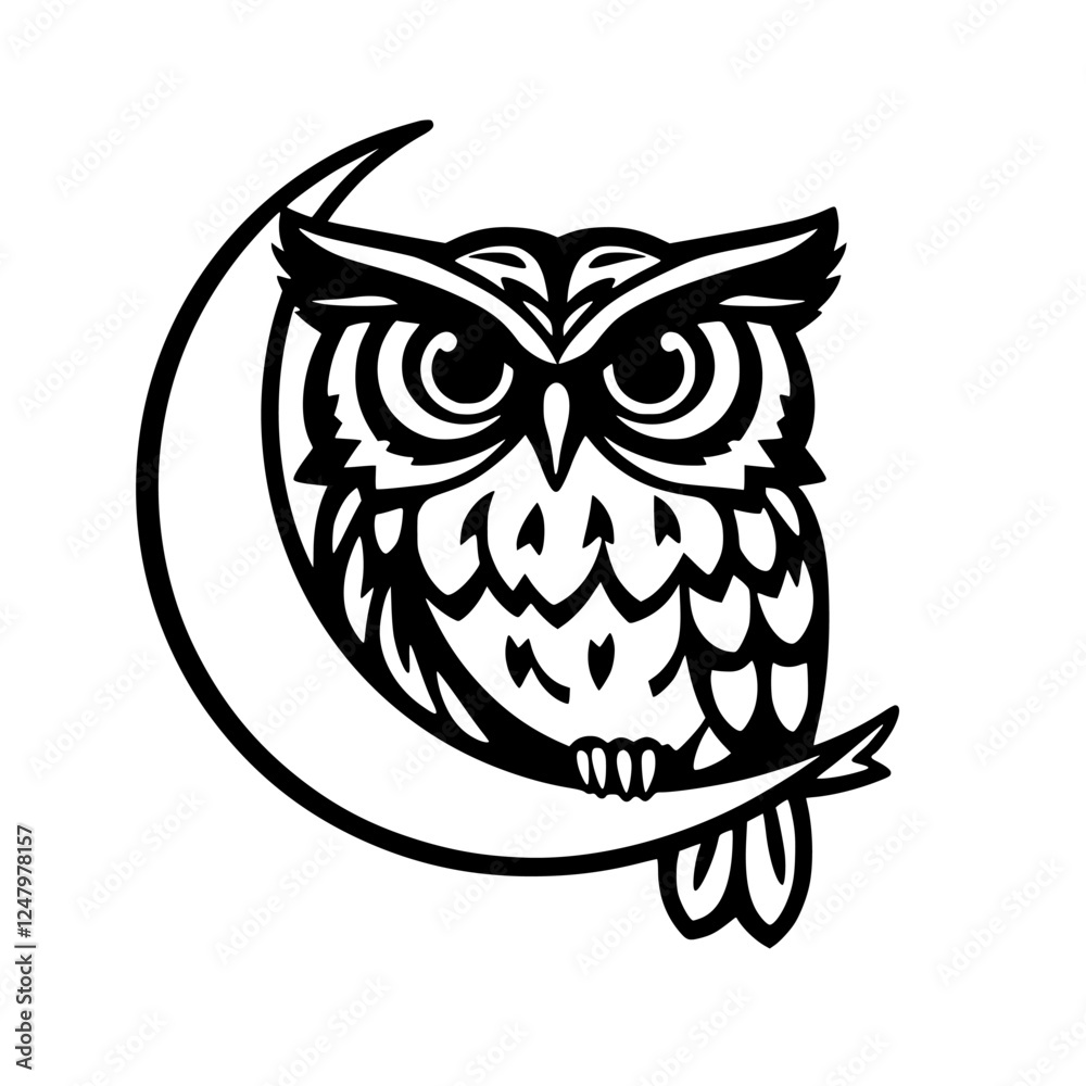 Fototapeta premium Silhouette of an owl perched on a crescent moon in a minimalist black and white design.