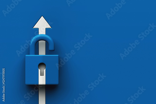 Minimal icon featuring open blue padlock with white upward arrow passing through it, symbolizing security, access, or unlocking new opportunities, digital access, data protection, 3d rendering