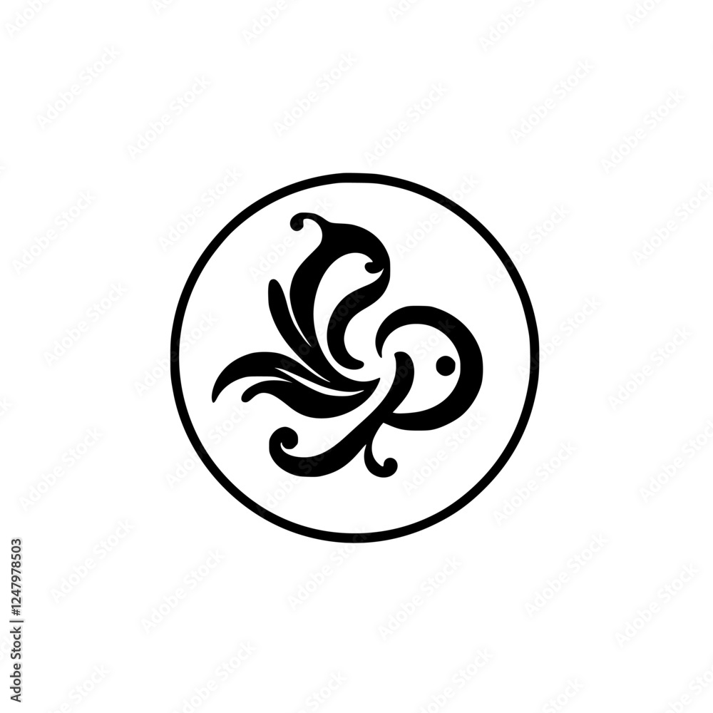 Elegant Black and White Floral Emblem Design with Calligraphic Elements in a Circular Frame. Elegant Black and White Floral Emblem Design with Calligraphic Elements in a Circular Frame.