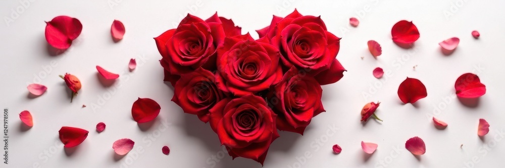 Obraz premium Red roses arranged in a heart shape with scattered petals , beauty, blossom