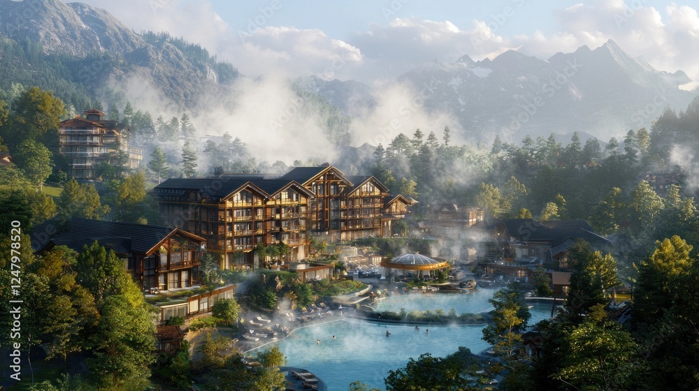 Fototapeta premium Luxury Mountain Resort nestled in the Alps: A serene escape.