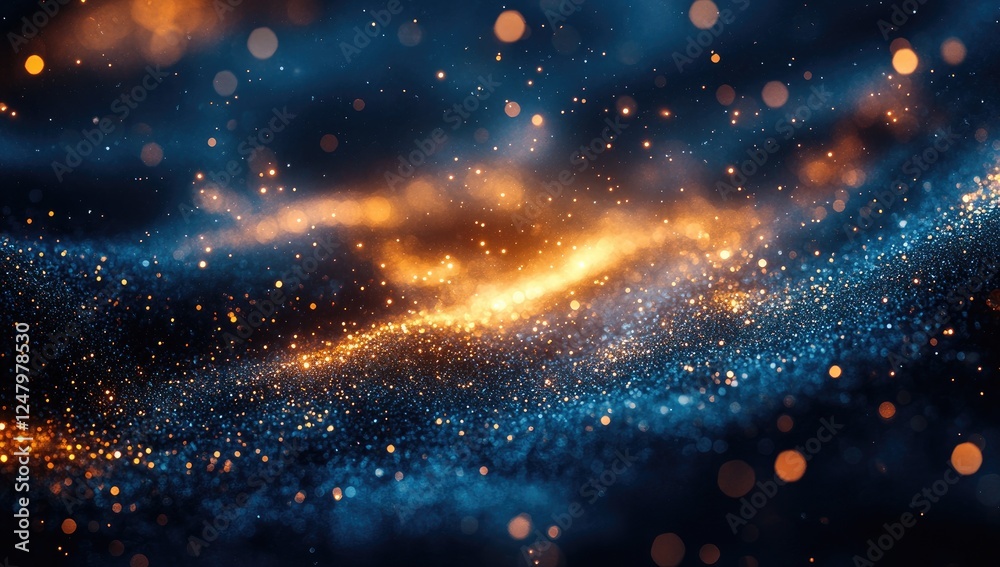 Obraz premium Abstract digital art, vibrant particles, swirling patterns of orange and blue glowing particles, dark background, bokeh effect, futuristic aesthetic