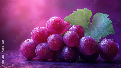 Wallpaper Mural Close-up of a cluster of red grapes with water droplets, vibrant purple background. Torontodigital.ca