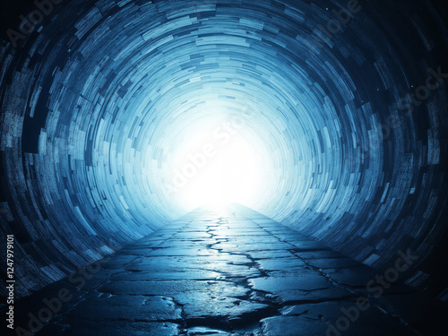 Tunnel perspective shows bright light at the end of cracked stone path way forward