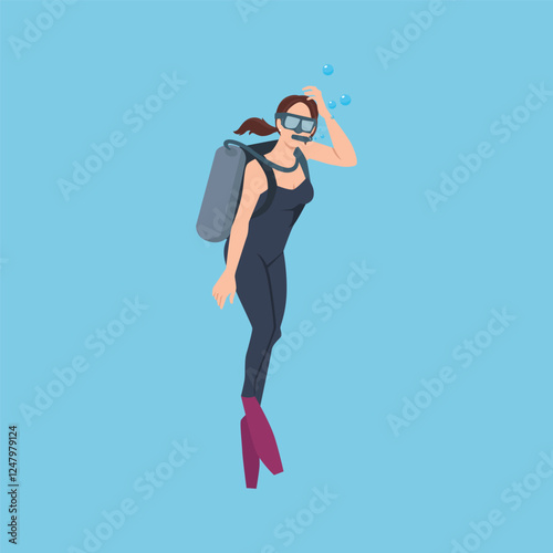 Woman in full scuba diving gear explores the underwater world, surrounded by bubbles. Flat vector illustration isolated on white background