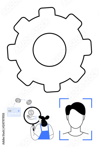 Gear at top symbolizes engineering. Bottom left, person studies financial aspect with magnifier. Bottom right, face scan. Ideal for technology, finance, identity, engineering analysis automation