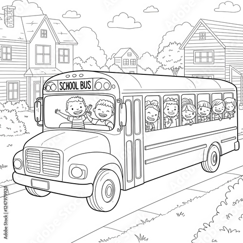 Classic Yellow School Bus with Smiling Children – Fun & Educational Coloring Page for Kids photo