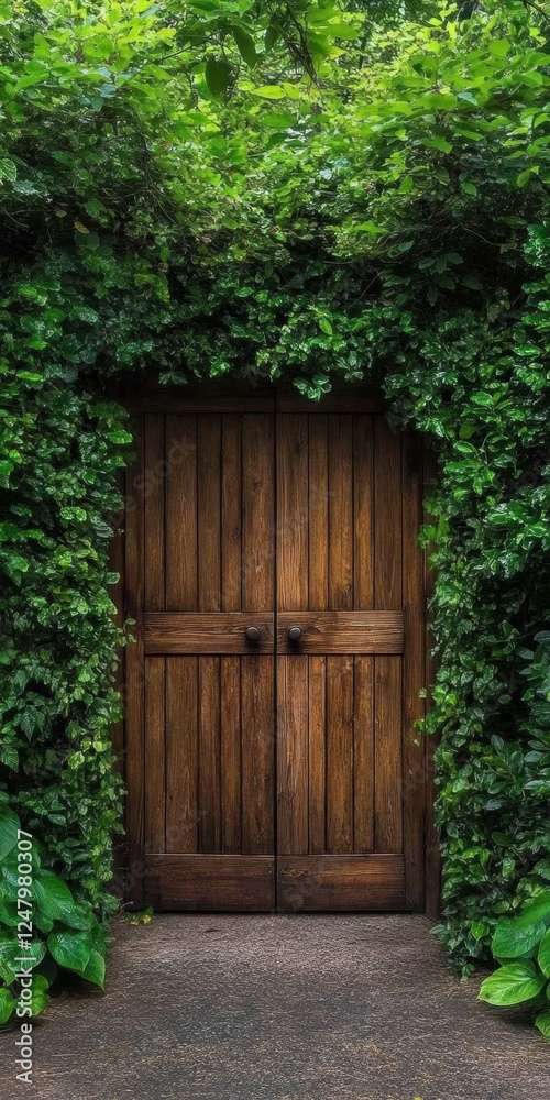 Hidden behind lush greenery, a charming wooden door invites curiosity.
