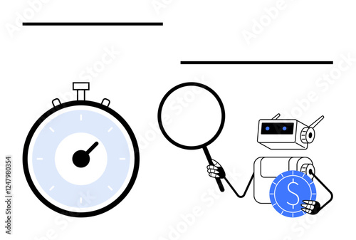 Stopwatch robot holding magnifying glass and dollar coin. Ideal for technology, finance, time management, automation, data analysis, efficiency, future trends. Line metaphor