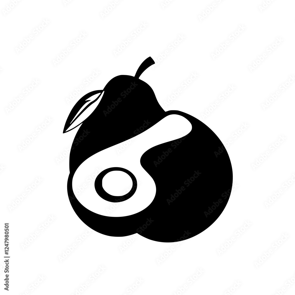 Black and white rendition of a pear, silhouette of a sliced apple, pear. Black and white rendition of a pear, silhouette of a sliced apple, pear.