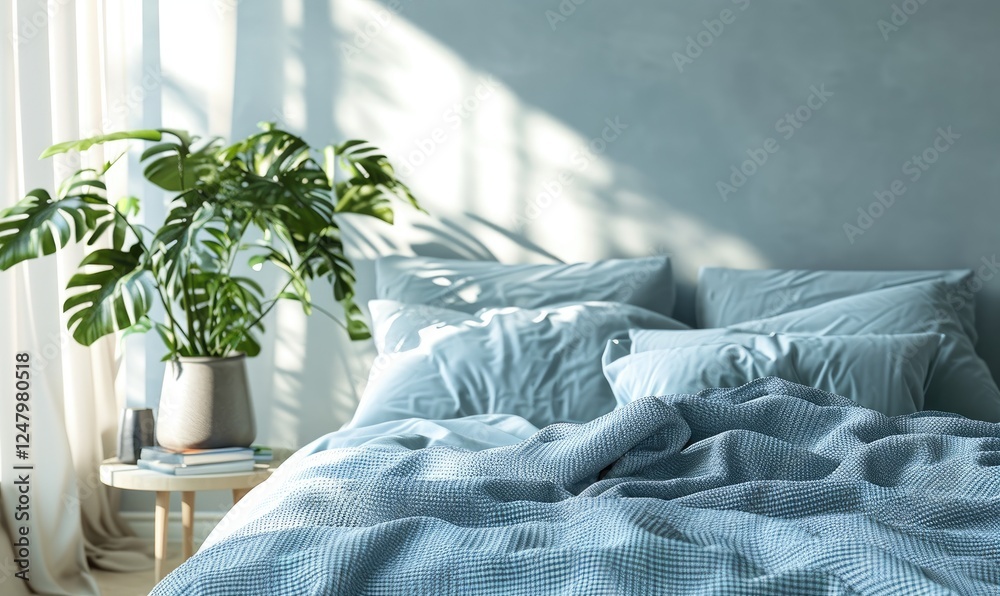 Bedroom, a neatly made bed with blue bed, pillows, and a textured blanket decorated with foliage monstera plant in a pot.