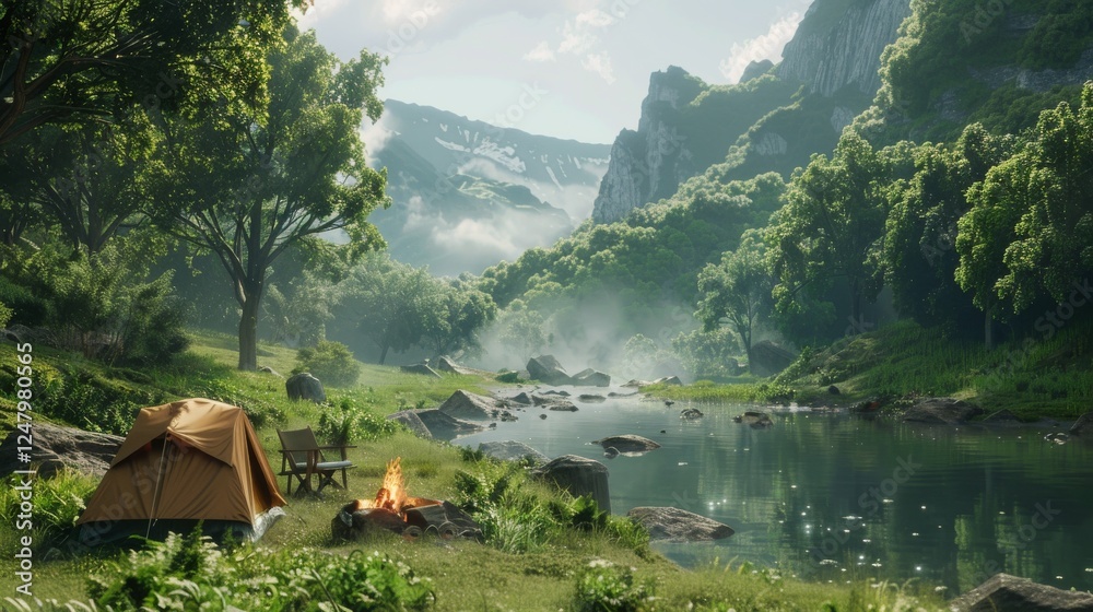 Naklejka premium Serene Riverside Camping in Lush Greenery: A Perfect Outdoor Retreat for Nature Lovers Seeking Tranquility and Adventure