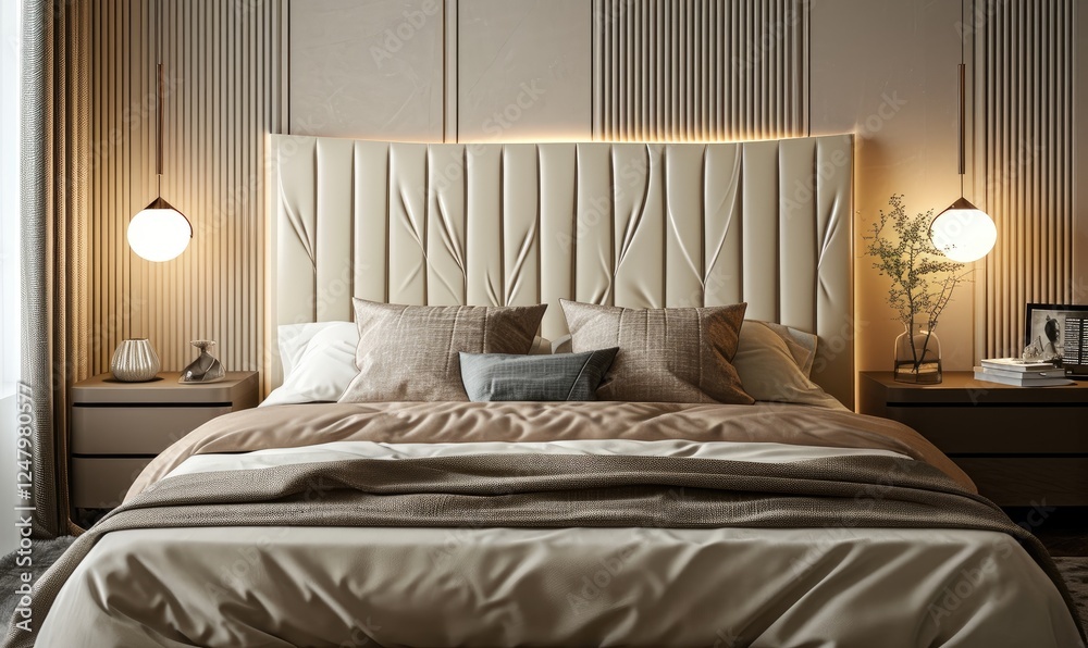 Elegant bedroom apartment with a plush bed and elegant decor with headboard, and hanging lamp on beige texture wall background. modern plush bedroom interior design aesthetic.