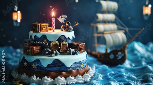 Fantasy pirate birthday cake with treasure chests, a ghostly figure, and a ship at sea. photo