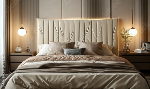 Obraz na płótnie Elegant bedroom apartment with a plush bed and elegant decor with headboard, and hanging lamp on beige texture wall background. modern plush bedroom interior design aesthetic. w salonie