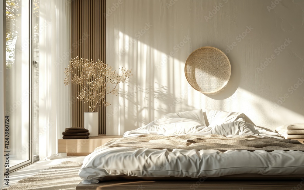 Serene minimalist bedroom with soft natural light in a bedding with round wall art and dried floral arrangements on beige wall
