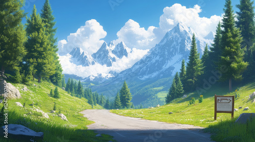 Wallpaper Mural Mountain valley landscape with highway road, forest, trees and green grass. Countryside scene with empty asphalt road, fields, pines, sign and clouds in sky, vector cartoon illustration Torontodigital.ca