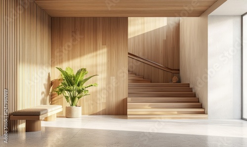 Hallway Interior with a wooden staircase near a cushion wooden bench, and a plant in a stylish pot in natural sunlight