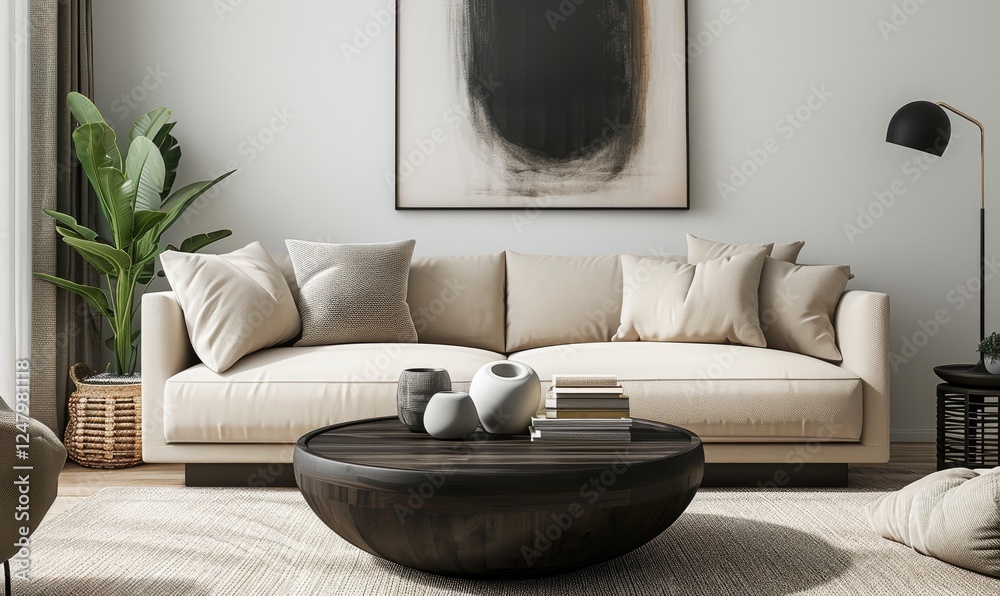 Cozy living room features a plush beige sofa and round dark wooden coffee table near houseplant, neutral decor elements on beige wall background.